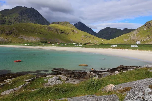 Stranden Norge Lofoten Skärgård Arktiska Norge Uttakleiv Beach Landskap Vestvagoy — Stockfoto