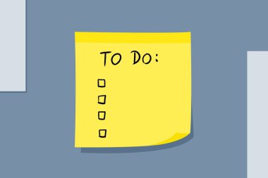 Liste yapmak için. Ofis kontrol listesi konsepti. Sarı yapışkan not mesajı. Kağıt işareti.