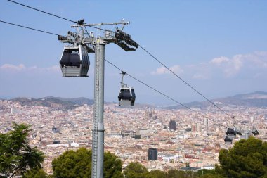 BARCELONA, SPAIN - SEPTEMBER 10, 2009: Montjuic Cable Car (Teleferic de Montjuic) ve Barcelona 'daki şehir manzarası, İspanya' nın ikinci büyük şehri.