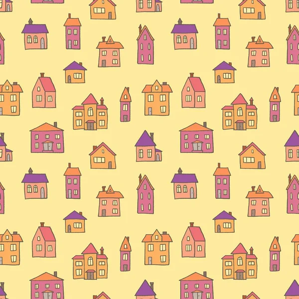 色彩斑斓的城镇背景 矢量无缝模式 卡通家庭 — 图库矢量图片