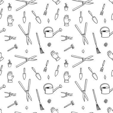 Bahçıvanlık kusursuz desen. Bahçe araçları vektör arka planı. Kusursuz renksiz karalama moda deseni.