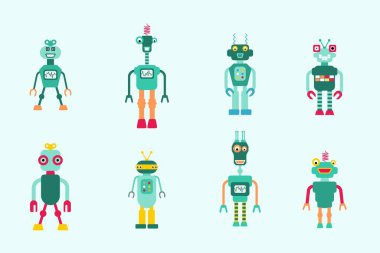 Oyuncak robotlar retro vektör koleksiyonu. Retro tarzı sevimli robot karakter çizimi seti. 90 'lar tarzı.