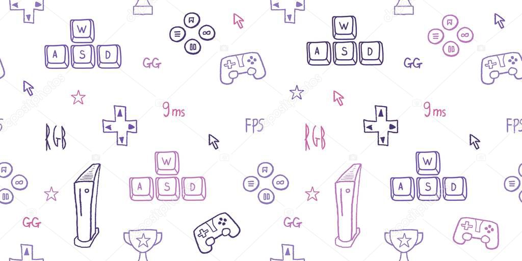 Gaming seamless pattern. Video game concept vector illustration. Gamer doodle with WASD keys and gaming equipment.