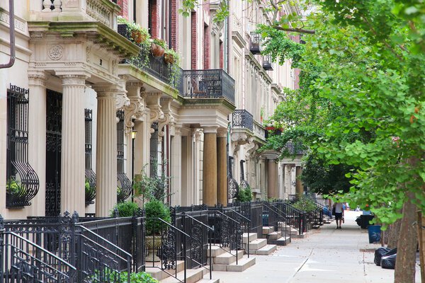 New York City, United States - old townhouses in Upper West Side neighborhood in Manhattan.