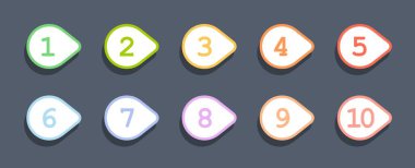 Mermi noktası tasarım elemanı ayarlandı. Renkli liste işaretleyicileri koleksiyonu, 1 numaradan 10 numaraya.