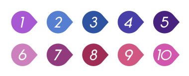 Mermi noktası tasarım elemanı ayarlandı. Renkli liste işaretleyicileri koleksiyonu, 1 numaradan 10 numaraya.