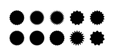 Yıldız patlaması çıkartması seti. Siyah güneş patlaması rozetleri, fiyat etiketleri ya da dalgalı kenarlı kaliteli mühür koleksiyonu. Düz tasarım vektör elementleri.