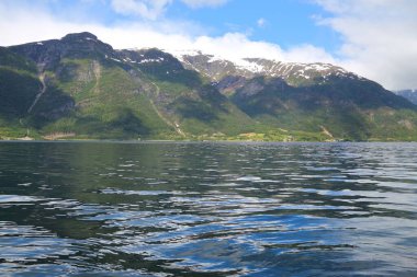 Norveç Fiord manzarası - Hardanger Fjord 'un bir parçası Sorfjord. Sabah manzarası.