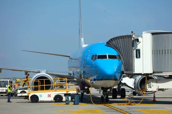 VENICE, İtalya - 22 Mayıs 2023: KLM Airlines Boeing 737-800 yolcu uçağı Venedik Marco Polo Havaalanı jet köprüsünde. Venedik 'e hizmet veren büyük bir uluslararası havaalanıdır..