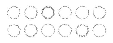 Yıldız patlaması çıkartması seti. Taslak güneş patlaması rozetleri, anlaşma etiketleri, fiyat etiketleri ya da dalgalı kenarlı kaliteli mühür koleksiyonu. Düz tasarım vektör elementleri.