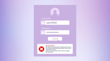 Kullanıcı hesabı giriş formunda güvenlik uyarısı. Ağ güvenliği sorunu. Kullanıcı veri sızıntısı bildirimi ve parolayı değiştirme talimatı.