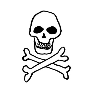Kafatası ve çapraz kemikli korsan bayrağı sembolleri. Doodle tarzı el çizimi bayrak.