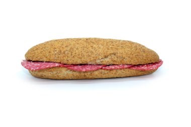 Tam ekmekli salamlı sandviç, İspanyol ekmeği, tipik İtalyan baharatlı sosisi.