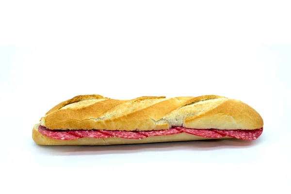 Salami Sandwich Mit Baguette Typisch Italienische Würstchen Auf Spanischem Pitufo — Stockfoto