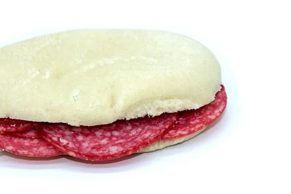 Salami Sandwich Mollete Spanish Bread Typical Italian Spiced Sausage — Stock Photo, Image