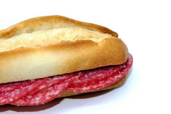 Salami Sandwich Typical Italian Spiced Sausage Spanish Pitufo Bread Mollete — Stock Photo, Image