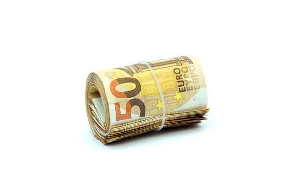 Pile Fifty Euro Bills Caught Rubber Band — Stock Photo, Image