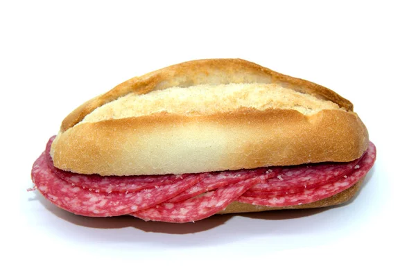 Sándwich Salami Típico Salchicha Picante Italiana Mollete Pan Pitufo Español — Foto de Stock