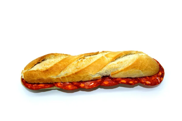 Chorizo Sandwich Typical Spanish Spiced Sausage Baguette — Stock Photo, Image