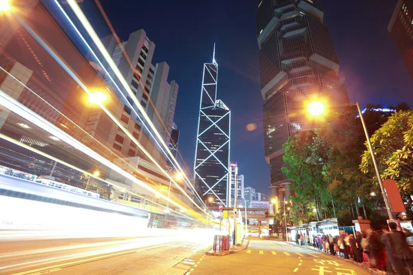 Road light trails on streetscape buildings in HongKong — Stock Photo, Image