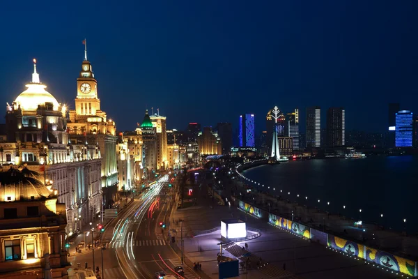 Bird view at Shanghai Bund European-style buildings of night