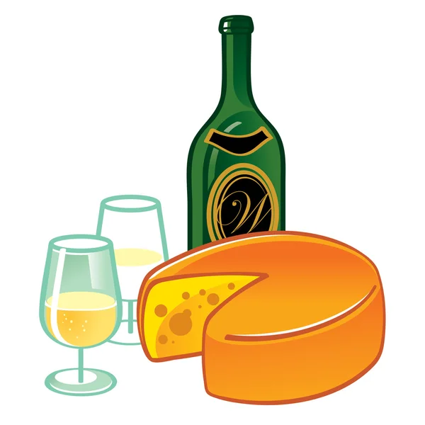 Queso y botella de vino blanco — Vector de stock