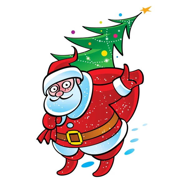 Santa met bag en kerstboom — Stockvector