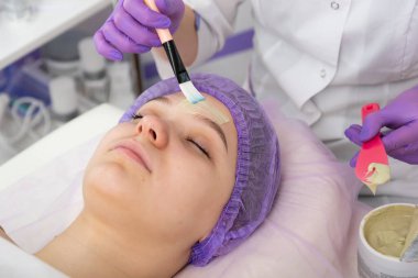 Güzellik salonunda, güzellik uzmanı genç bir kızın yüzüne yeşil kilden bir maske takar. Günlük cilt bakımı.