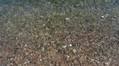 Çakıl taşlı göl yatağı. Baykal Gölü 'nün berrak, şeffaf, doğal arka planında görünüyor.