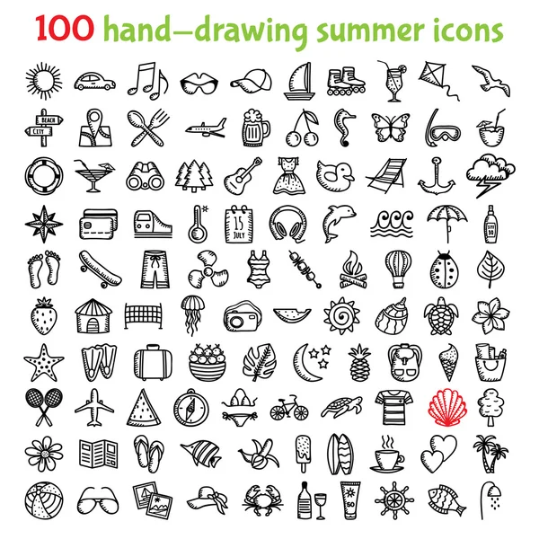 100 iconos de verano dibujados a mano — Vector de stock