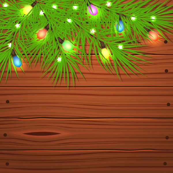Rami di albero di Natale e lampadina su legno . — Vettoriale Stock