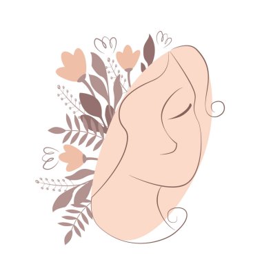 Bir kadın portresinin çiçek ile doğrusal bir şekilde vektör çizimi