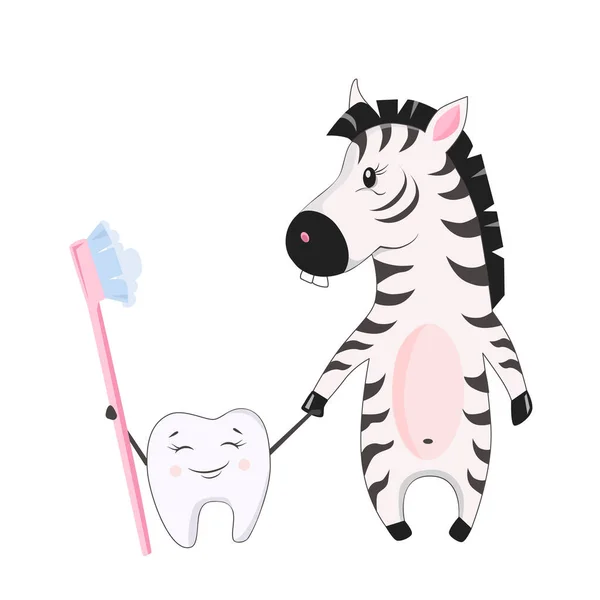 Illustration Vectorielle Zèbre Drôle Avec Une Brosse Dents Stamotologie Pédiatrique — Image vectorielle