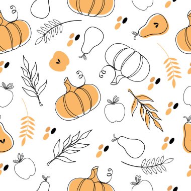 Balkabakları, armutlar, elmalar ve sonbahar yaprakları ile sonbahar deseni doğrusal olarak