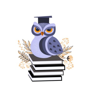 Baykuş bir yığın kitabın üzerinde oturur. Eğitimli bir baykuş. Vektör illüstrasyonu