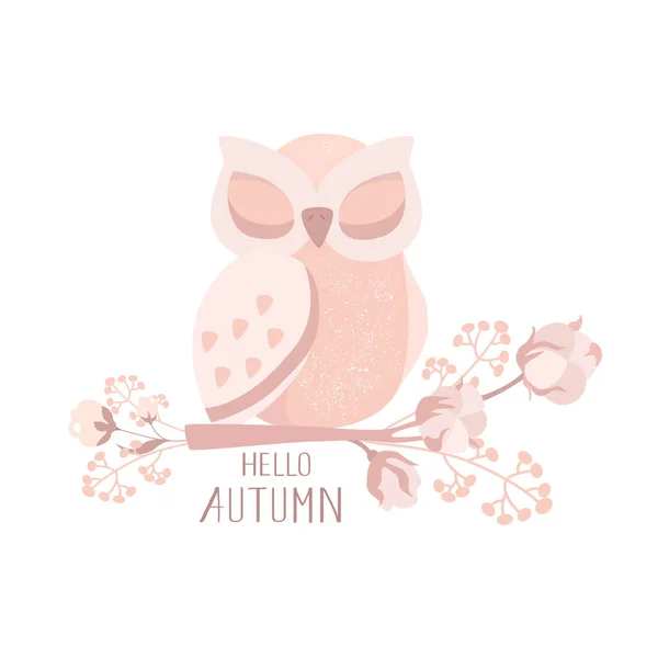 Búho Duerme Sobre Una Rama Algodón Hola Autumn Ilustración Vectorial — Vector de stock
