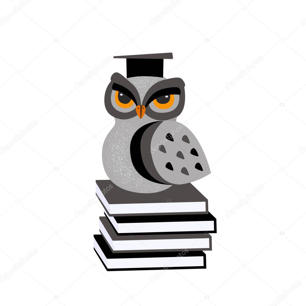 A learned owl on a stack of books. Vector illustration