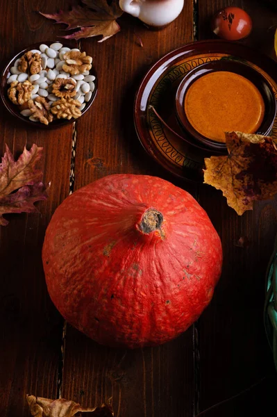 Ripe Pumpkin Served Wooden Rural Brown Table Cooking Recipe Healthy — Stock Photo, Image