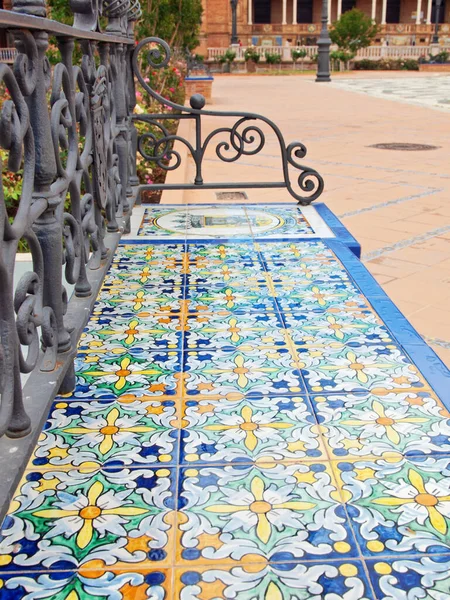 Bench Decorated Art Mosaic Detail Spanish Square Sevilla Spain — Stock Photo, Image