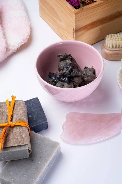 Naturligt Spa Set Med Salt Helande Lera Och Tvål Vit — Stockfoto