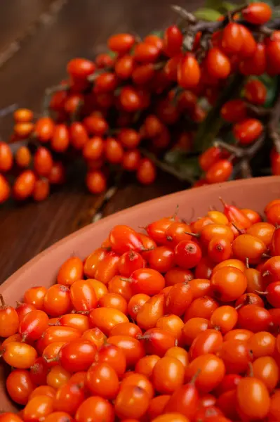 Ripe Sea Buckthorn Berries Branch Wooden Table Close — Stock Photo, Image