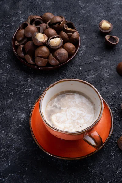 Healthy Natural Macadamia Nuts Dessert Coffee Served Black Table Food — Stock Photo, Image