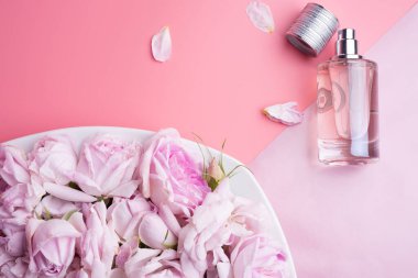 Çift pembe arka planda mayıs gülleri olan bir parfüm şişesi. romantik ve güzellik konsepti 