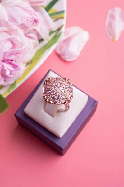 beautiful pink gold  ring with roses. romantic and wedding  concept.