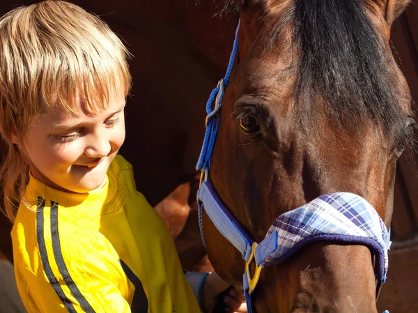 Gelukkig Portret Van Kleine Jongen Met Paard Poseren Stal Zonnige — Stockfoto