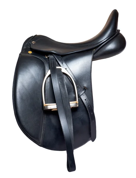 Black leather dressage saddle  isolated on white background — Stock Photo, Image