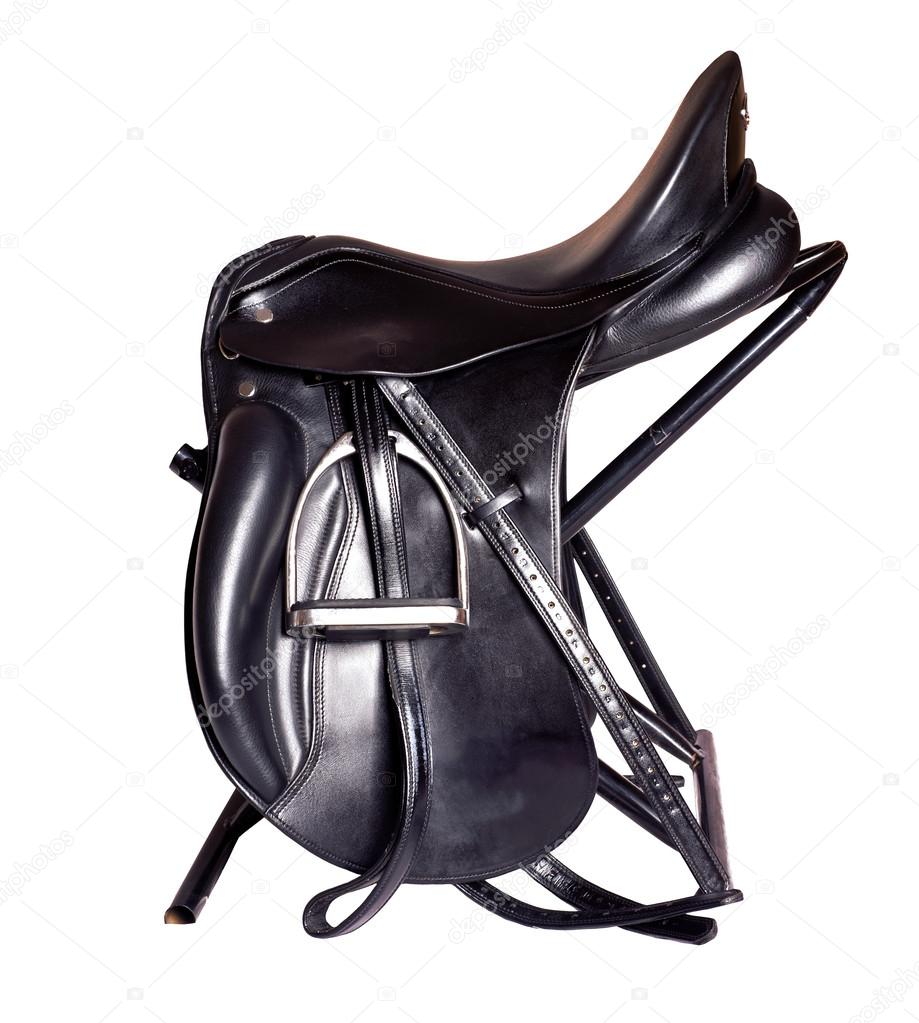 Black leather dressage saddle  isolated on white background