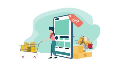 E-ticaret iniş sayfası. Bayan arabasını büyük bir cep telefonuyla itiyor.