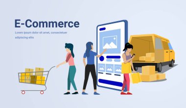E-ticaret iniş sayfası. İnsanlar online alışveriş yapıyor