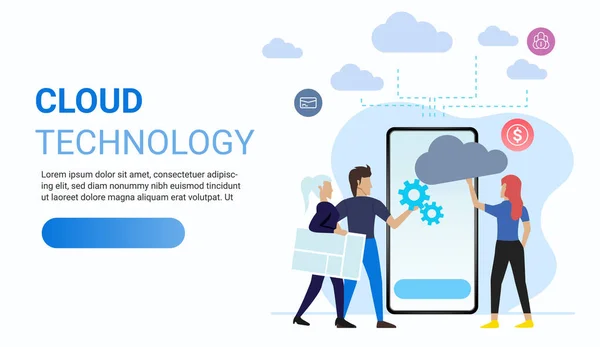 Concepto Tecnología Cloud Personas Que Usan Teléfono Móvil Gigante Con — Vector de stock